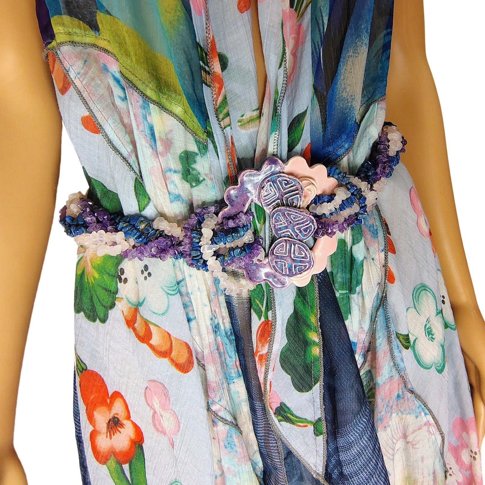 Purple Amethyst Lapis Lazuli Rose Quartz Belt Pottery Belt Buckle [Vintage]