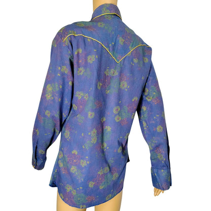 1980s Purple Floral Metallic Gold Western Pearl Snap Button Shirt H Bar C Size 15.5 [Vintage]