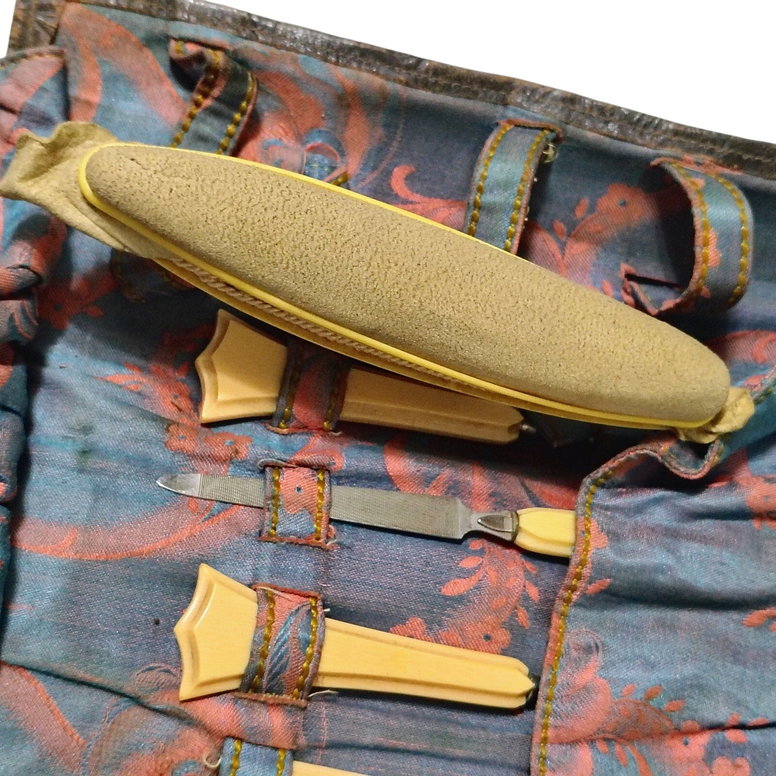 1900-1920 Tooled Leather Floral Celluloid 11 Pc Manicure Set Travel Case [Antique]