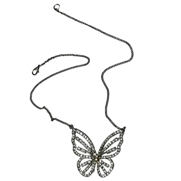 1990s Clear Crystal Bling Butterfly Pendant Silver Tone Chain Link Necklace [Vintage]