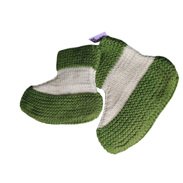 1970s Handmade Crochet Knit House Slippers Socks Booties Green White 10 In. [Vintage]