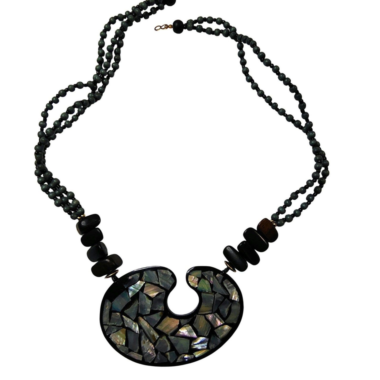Vintage Blue Black Inlay Shell Beaded Lacquered Necklace Adjustable Chain Link
