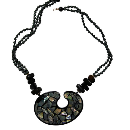Vintage Blue Black Inlay Shell Beaded Lacquered Necklace Adjustable Chain Link