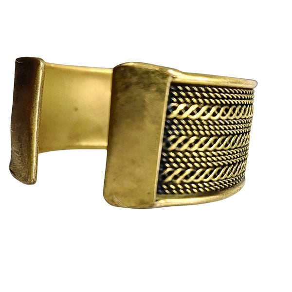 70s Brass Wide Cuff Bracelet Rope Design Thick Banded End Protectors 3D Texture [Vintage]