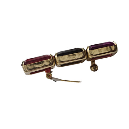 1980s Mod Red Purple Pink Brooch Geometric Rectangle Gold Trim C Clasp Closure