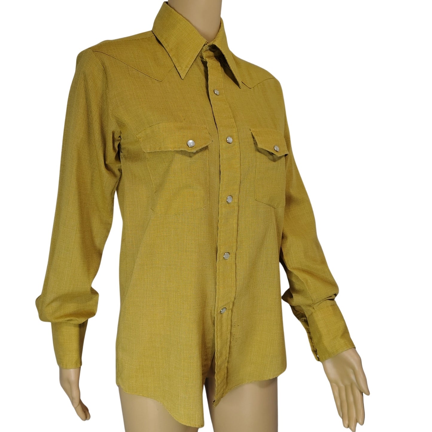 1970s Western Long Sleeve Collar Shirt Mustard Yellow Pearl Snap  Size Small [Vintage]