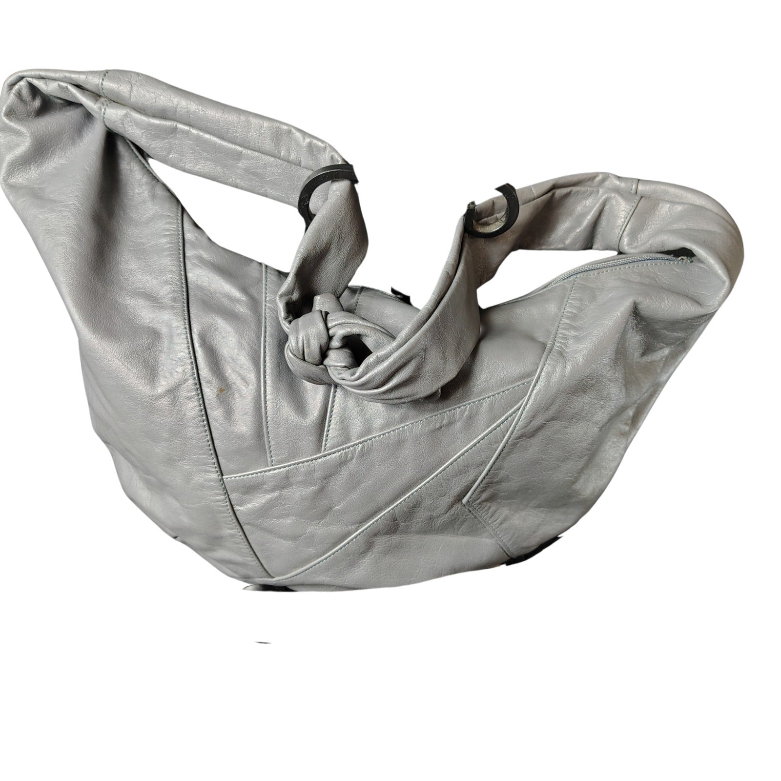 1980s Gray Leather Bohemian Boho Style Patchwork Crescent Bag Adjustable Strap [VINTAGE]