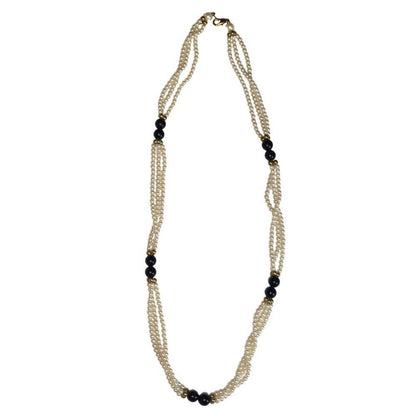 VINTAGE THREE STRAND DESIGN PEARL NECKLACE Long Black Bead Accents Gold Tone 29"