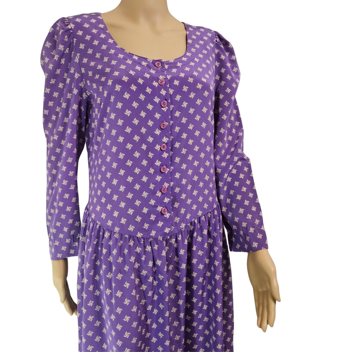 1980s 1990s Purple Puffy Long Sleeve Midi Drop Waist Dress Size 7/8 Petite [Vintage]