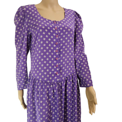 1980s 1990s Purple Puffy Long Sleeve Midi Drop Waist Dress Size 7/8 Petite [Vintage]