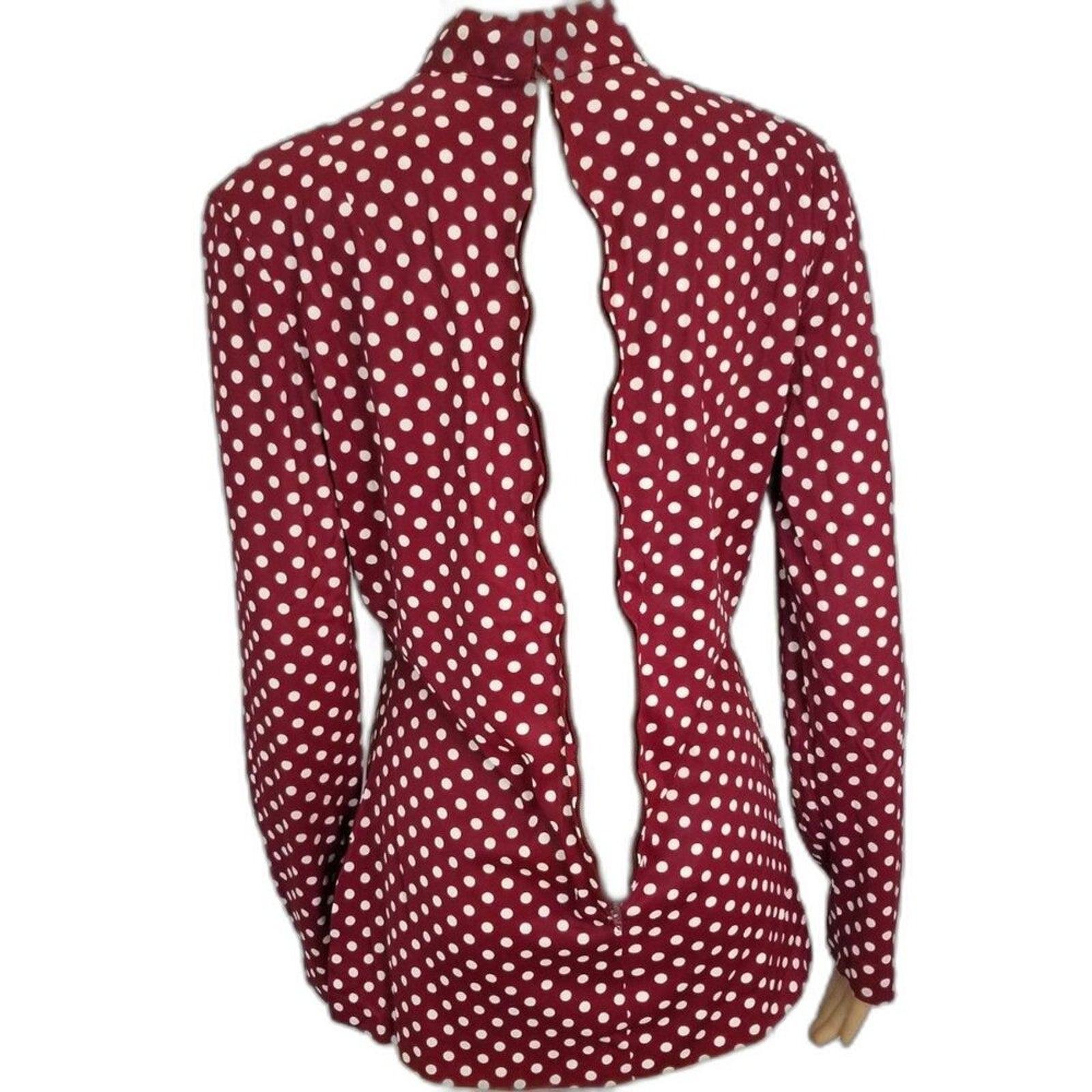 60s Vintage Go Go Burgundy White Polka Dot Long Sleeve Collar Tunic  Size Small [Vintage]