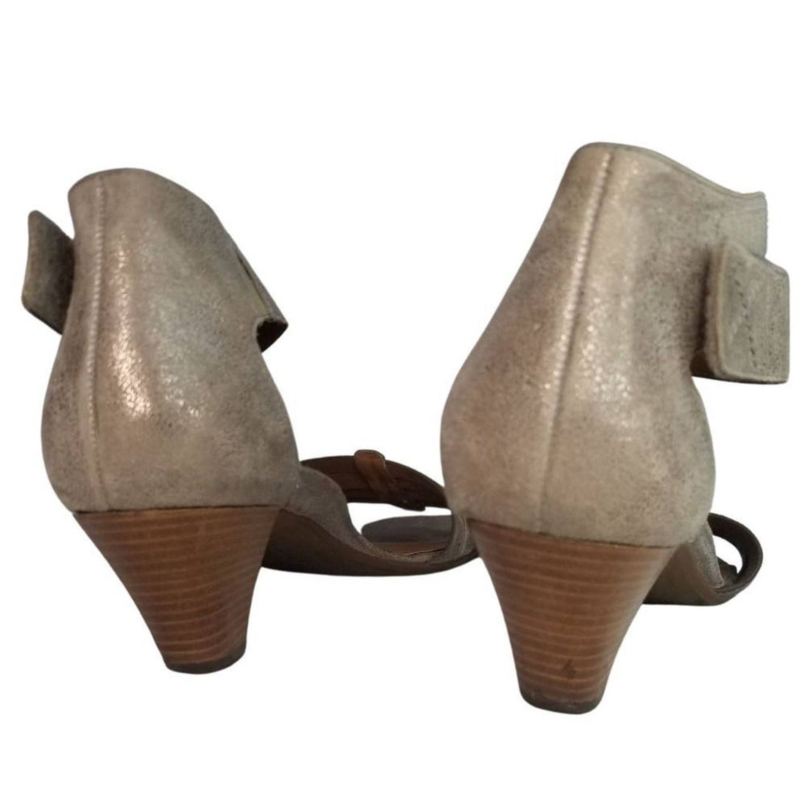 Leather Metallic Gray Strappy Open Toe Ankle Wrap Heels Size 8 [PAUL GREEN]