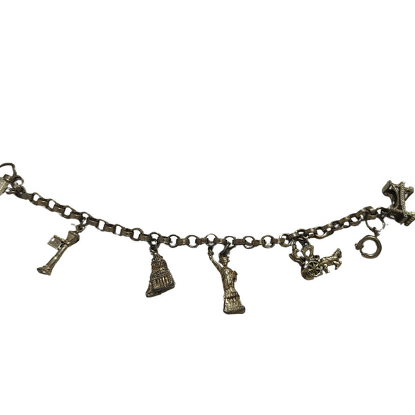 80s Charms Bracelet New York City Landmark Statue of Liberty Silver Tone Links
