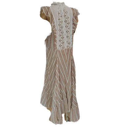 FP One Boho Brown White Flowy Caraway Stripe Sheer Uneven hem Long Dress Size Large