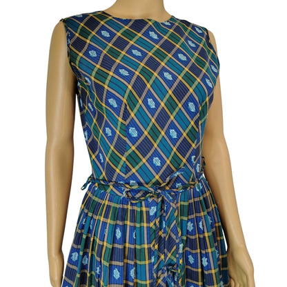 Belted Blue Green Plaid Vintage Handmade Pleated Ribbon Tie Midi Dress Size Small [Vintage]