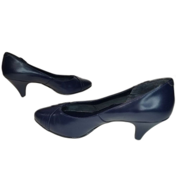 1980s Blue Leather Pump Heels Round Pointy Toe Size 6.5 Gently Used [Vintage]