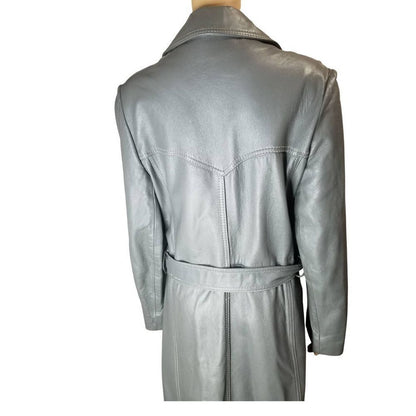 1970s Gray Belted Long Leather Trench Coat Collar Big Pockets Size Med Vintage