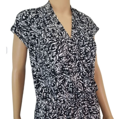 Black Midi H Halston V Neck Short Sleeve Stretch Elastic Waist Dress Size Small