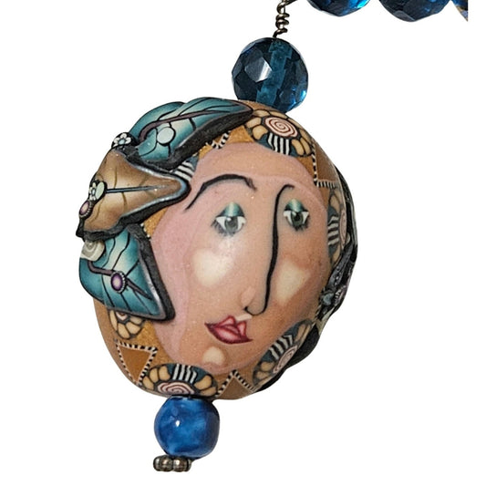 1980s Blue Artisan Crafted Polymer Clay Bead Face Pull Through Closure Necklace