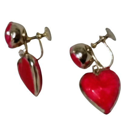 Vintage Red Drop Hearts Dangling Heart Earrings Gold Wrapped Clip On Screw Clasp