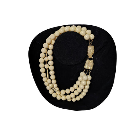 Vintage Statement 3 Strand Necklace Huge Lucite Cream Bead Large Gold Hook Clasp