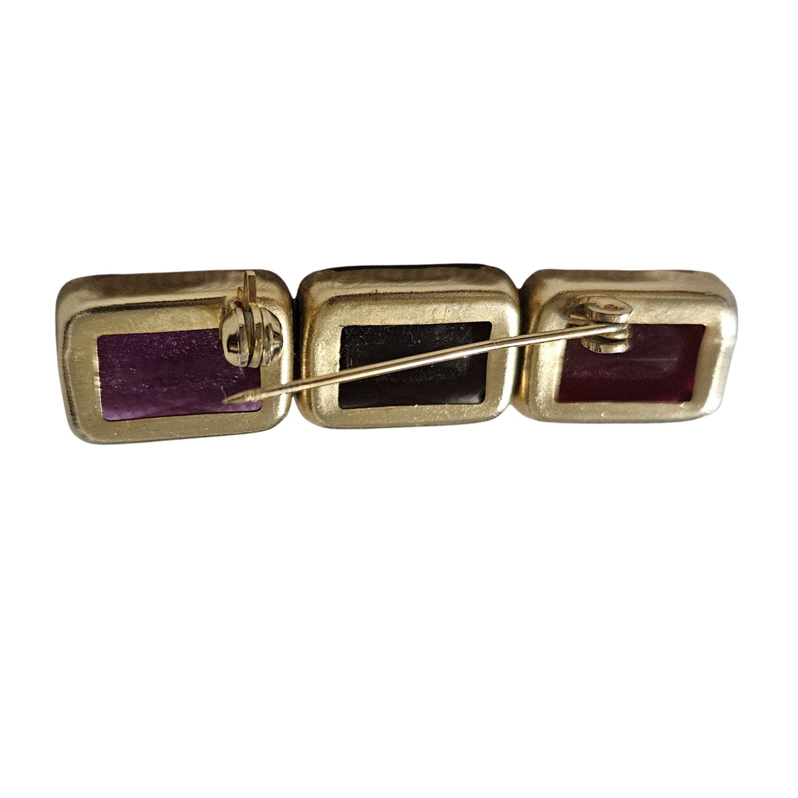 1980s Mod Red Purple Pink Brooch Geometric Rectangle Gold Trim C Clasp Closure