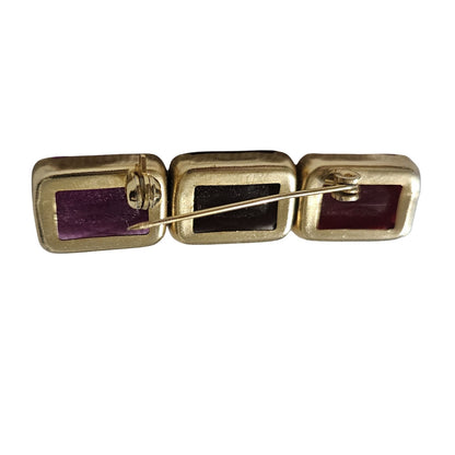 1980s Mod Red Purple Pink Brooch Geometric Rectangle Gold Trim C Clasp Closure