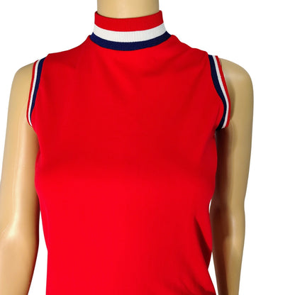 70s Red White Blue High Neckline Sleeveless High Neck Top Back Zipper Size Small [Vintage]