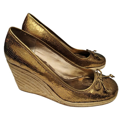 1980s Coach Bronze Crackle Leather Jute Wedge Hee Ireland Bow Espadrille Size 7 [Vintage]