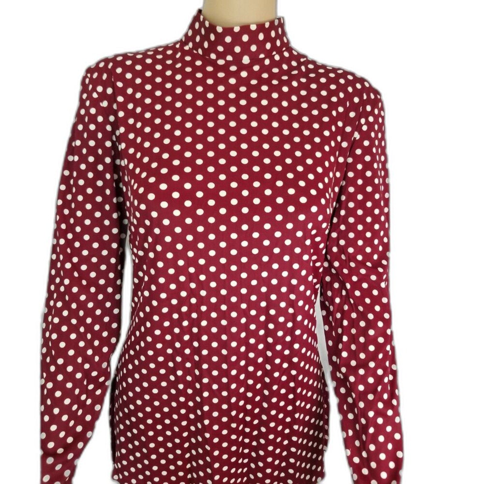 60s Vintage Go Go Burgundy White Polka Dot Long Sleeve Collar Tunic  Size Small [Vintage]