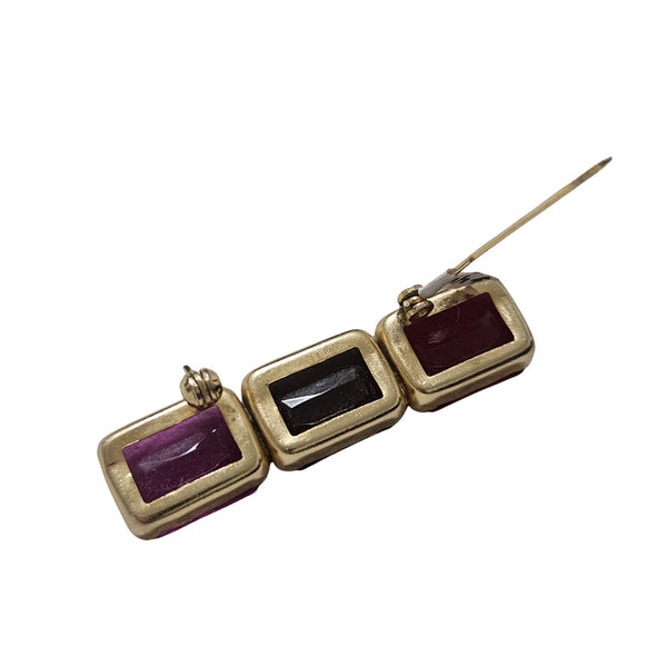 1980s Mod Red Purple Pink Brooch Geometric Rectangle Gold Trim C Clasp Closure