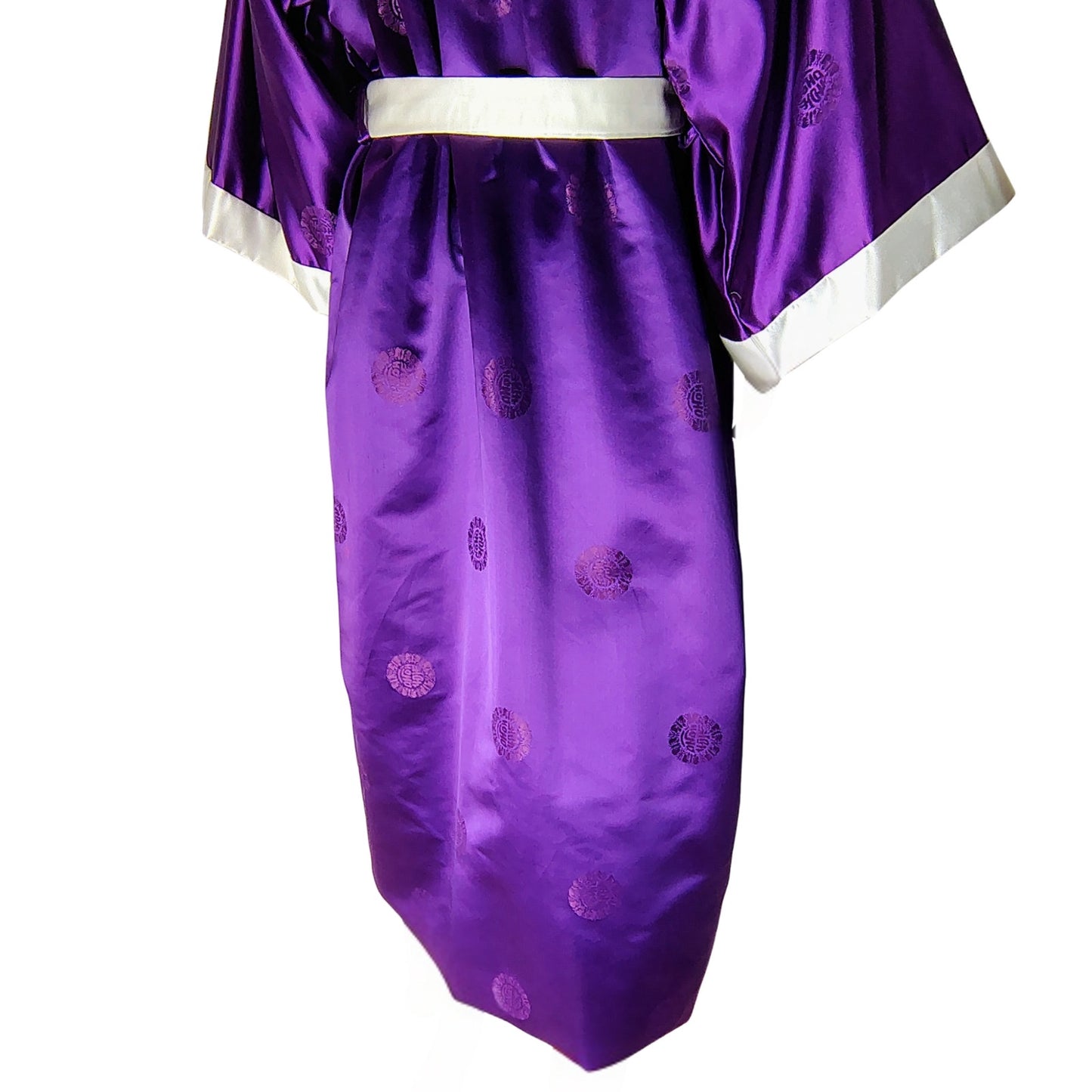 1980s Japanese Rich Royal Purple Kimono Embroidered Crane White Trim One Size [Vintage]