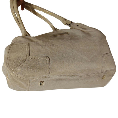 Cream Suede Gold Metallic Calvin Klein Shoulder Bag Double Handle 3 Compartments
