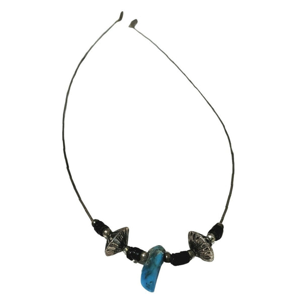 1970s Sterling Silver Liquid Beads Uncut Turquoise Stone Statement Boho Necklace