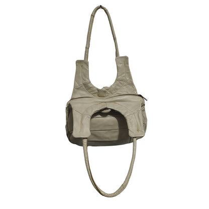 80s Cream Genuine Leather Patchwork Crescent Shoulder Bag Vintage Zipper Closure