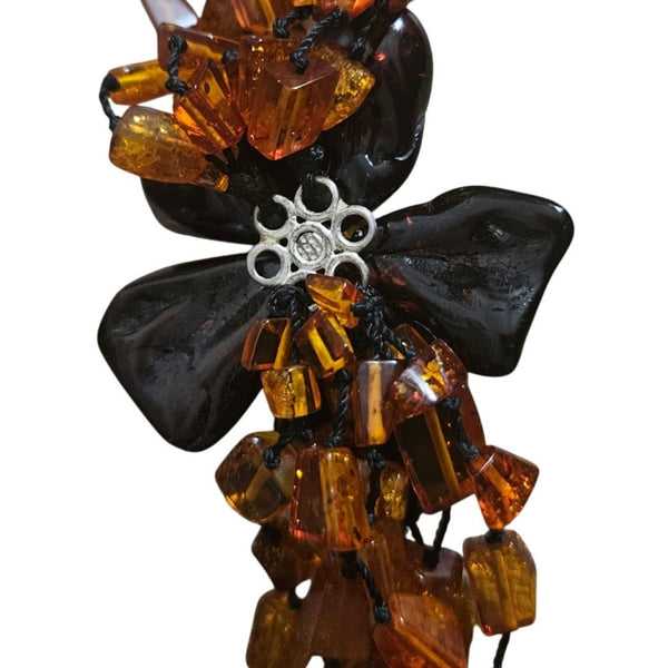 Baltic Amber Flower Statement Necklace Huge Bead Four Strand Tassel Cognac Brown