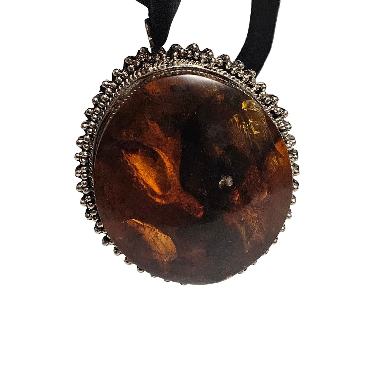 Vintage Huge Round Amber in Silver Tone Metal Pendant on Black Ribbon Necklace