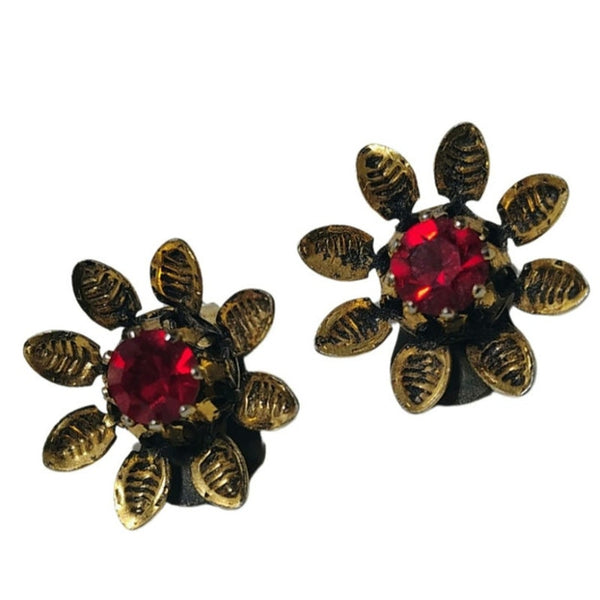1990s Red Faceted Crystal Flower Gold Clip On Earrings Signed Austria [Vintage]