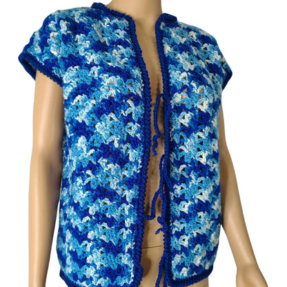 1970s Blue White Crochet Knit Cap Sleeves Tie Up Cardigan Sweater Size Large [Vintage]