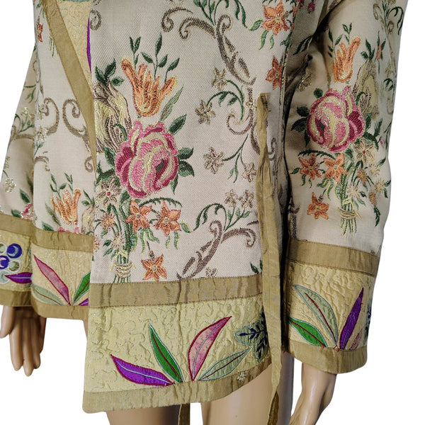 Metallic Thread Custom Beige Quilt Patchwork Floral Kimono Embroidered Size Small