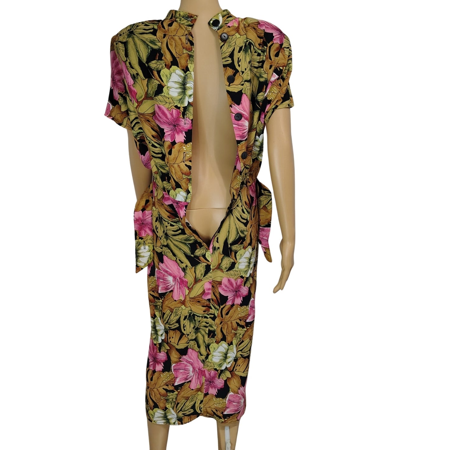 1980s April Rain Tropical Wiggle Dress Shoulder Pads Button Up Back Size Small [Vintage]