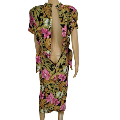 1980s April Rain Tropical Wiggle Dress Shoulder Pads Button Up Back Size Small [Vintage]