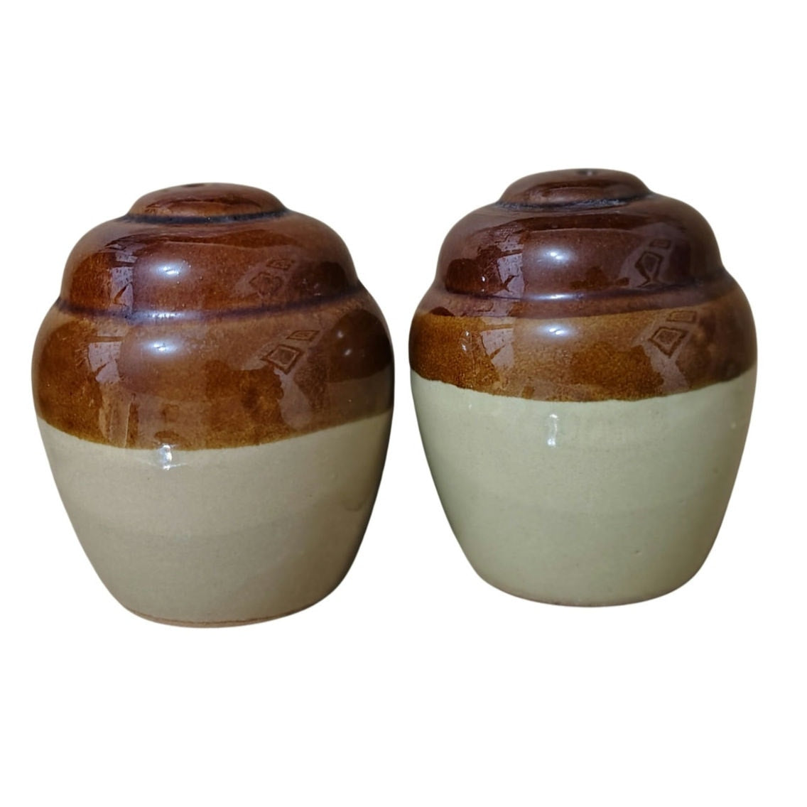 1970s Cruet Set Salt and Pepper Brown Cream Round Glazed Ceramic Shakers [Vintage]