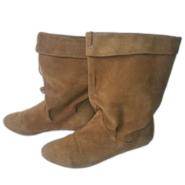 1980s Vintage Brown Suede Folded Slide On Slouch Wide Leg Almond Toe Boots 7M