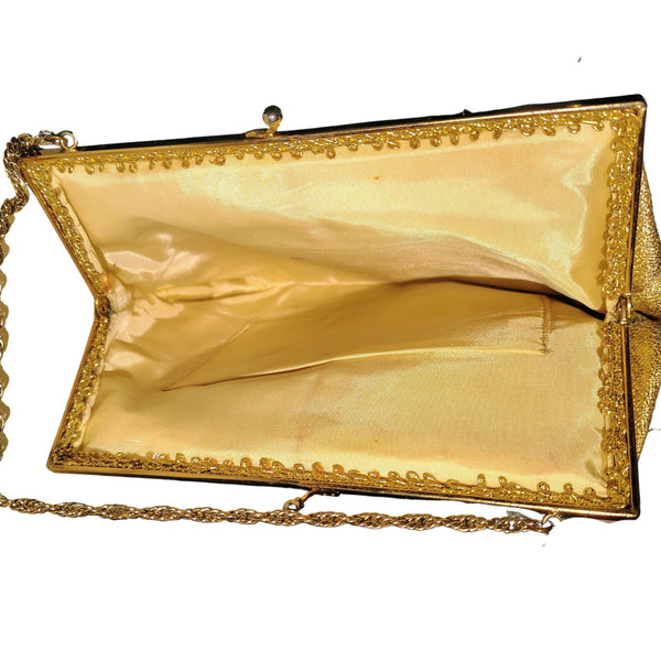 1950s Vintage Gold Metallic Round Gold Chain Handle Prom Bag Kiss Closure Purse