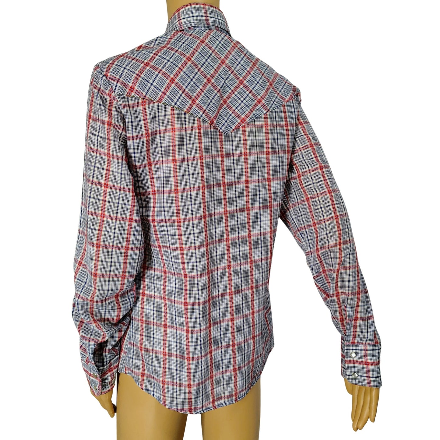 60s Blue Red Levis Western Cowgirl Button Up Shirt Pearl Snap Button Size Small [Vintage]