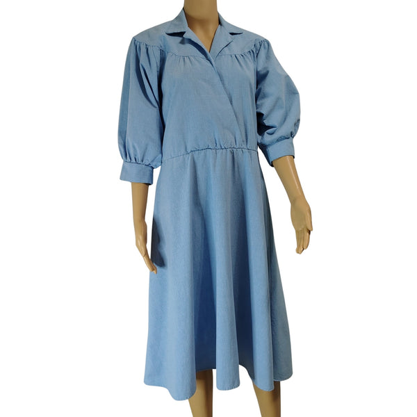 1990s Blondie Me Blue Jean Puffy Sleeve Fit Flare Dress Size Large Y2K [Vintage]