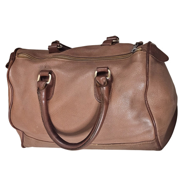 INC Brown Genuine Leather Bowling Barrel Bag Top Handle Handbag Gently Used