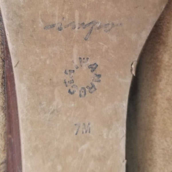 1980s Vintage Brown Suede Folded Slide On Slouch Wide Leg Almond Toe Boots 7M