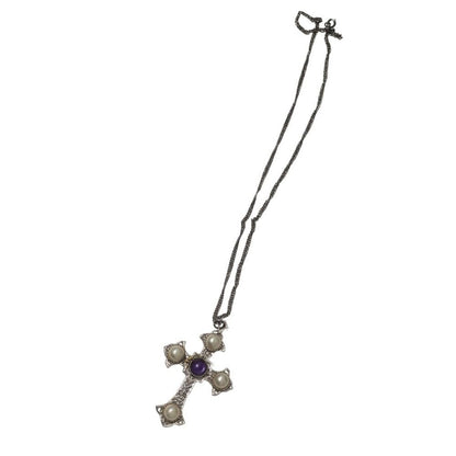 70s Vintage Sarah Coventry Silver Cross Pendant Necklace Amethyst Faux Pearls